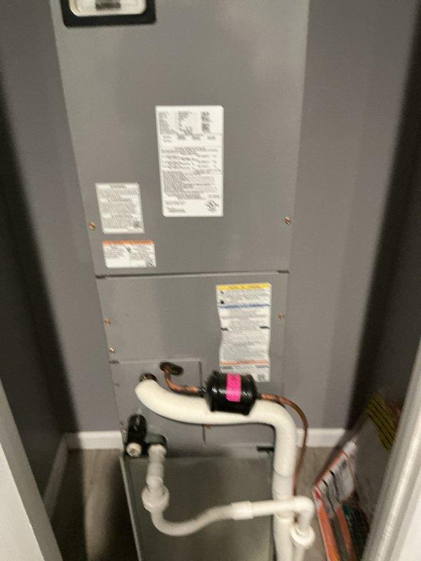 Completed monthly HVAC maintenance visit under heating membership plan. Inspected air handler unit, verified proper operation of all components, and replaced 16x20x1 air filter. Checked condensate drain line and connections, confirmed all safety labels present and legible, and documented equipment condition with photographs.