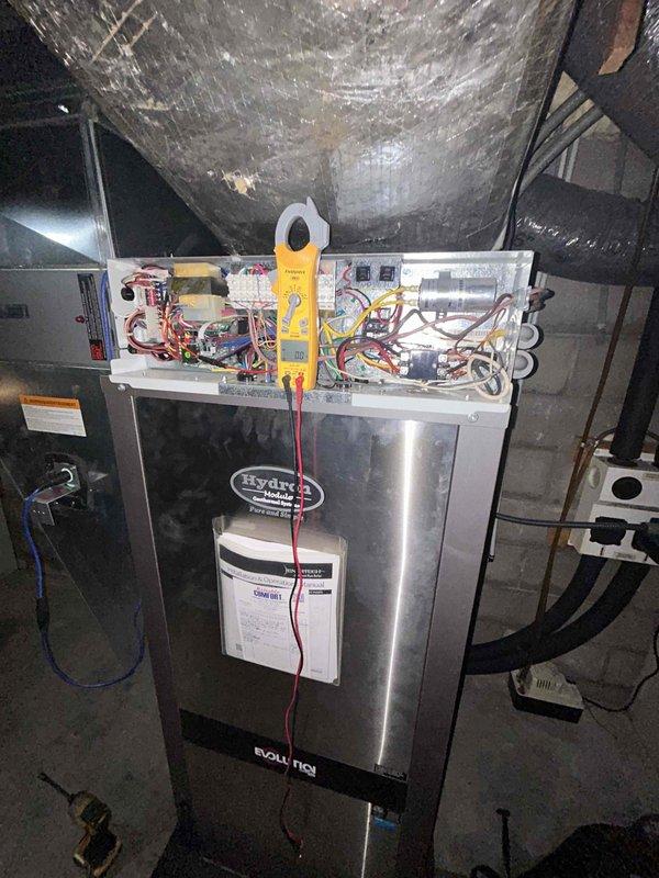 Responded to no-heat call on furnace system located in breezeway. Upon arrival, performed diagnostic testing of electrical components including control board, relays, and capacitor using multimeter. Inspected internal wiring connections, safety controls, and ignition system to identify cause of system failure and restored unit to proper operation.