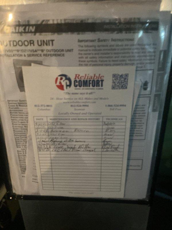 Completed basic monthly cooling maintenance visit on residential HVAC system. Performed standard inspection of outdoor Daikin unit, verified operational parameters, and reviewed maintenance history documentation. System operating properly with thermostat displaying 68°F and actively cooling to setpoint of 64°F with humidity reading at 58%.