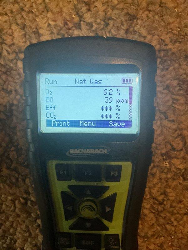 Completed comprehensive heating maintenance on natural gas furnace system. Performed combustion analysis with readings showing 6.2% O₂ and 39 ppm CO, indicating proper burner operation. Verified thermostat functionality with system actively heating and maintaining setpoint at 70°F in heat mode with auto fan operation. Filter size was documented for future service reference as it was previously unknown.