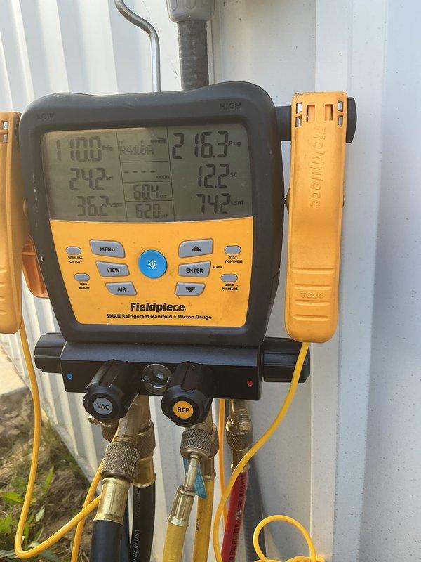 Completed comprehensive cooling maintenance per CCC Basic Monthly service agreement. Performed full system inspection of outdoor condenser unit, checked refrigerant pressures and temperatures using digital manifold gauge set, confirmed system operating within manufacturer specifications at 216.3 psi high side and proper superheat/subcooling values. Cleaned condenser coils, inspected electrical connections and refrigerant lines, verified proper unit operation. Customer requires 20x20x4 filter which is not included in basic service agreement.