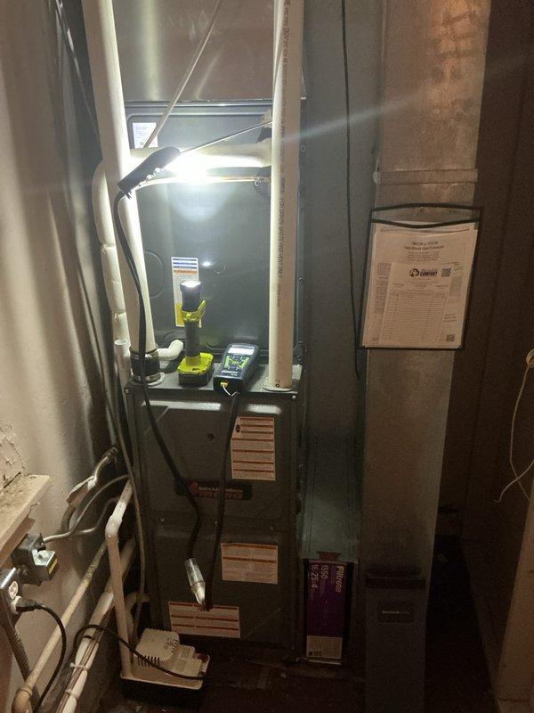 Completed comprehensive heating maintenance on residential HVAC system including inspection of air handler, blower motor assembly, electrical connections, and control wiring. Customer comfort heating agreement renewed through 8/20/26; standard 16x25x4 filter not included in service agreement.