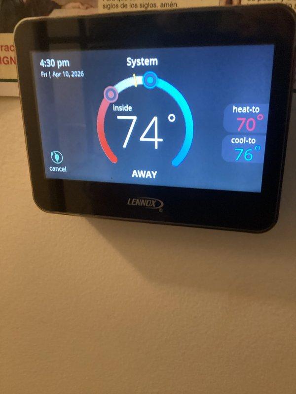 Completed routine HVAC maintenance on Lennox cooling system for second home covered under basic maintenance plan. Performed standard cooling season inspection, verified thermostat operation showing proper temperature control with heat set to 70° and cool set to 76° in away mode, and replaced 20x20x4 air filter as included in service agreement. System operating within normal parameters with no issues identified.