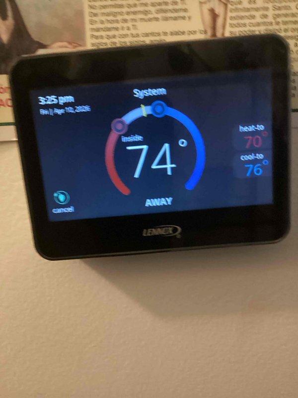 Completed routine HVAC maintenance on Lennox cooling system for second home covered under basic maintenance plan. Performed standard cooling season inspection, verified thermostat operation showing proper temperature control with heat set to 70° and cool set to 76° in away mode, and replaced 20x20x4 air filter as included in service agreement. System operating within normal parameters with no issues identified.