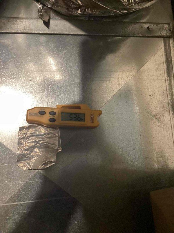 Responded to service call for HVAC system evaluation. Performed diagnostic inspection of air handler unit and measured temperature reading of 53.6°F within the ductwork. Identified need for two replacement loop pumps to restore proper system circulation. Equipment ordered from vendor for return visit to complete installation and return system to full operational capacity.