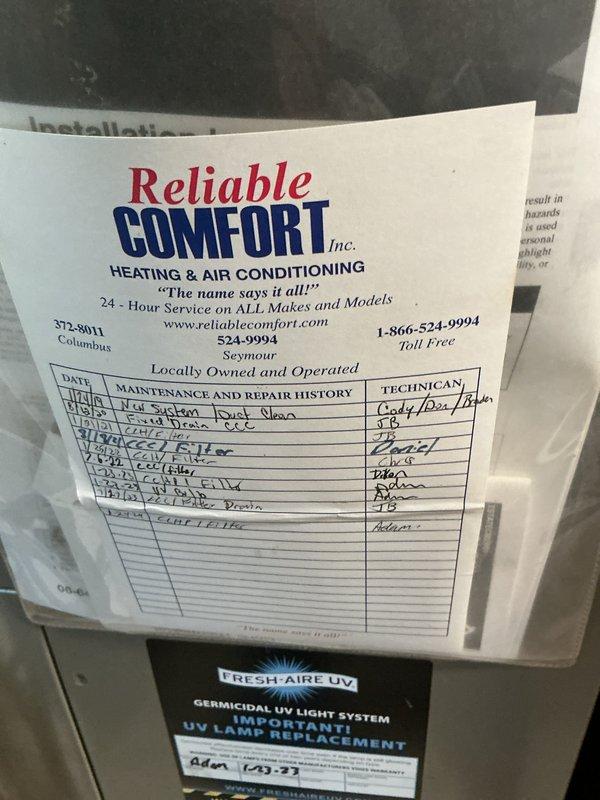 Completed Basic Monthly heating maintenance on third unit of multi-system property. Performed standard CCHP protocol inspection, verified operational status of heating system components, and documented maintenance history. System requires 20x20x4 filter replacement by customer. Photographed equipment maintenance records showing service history from Reliable Comfort Inc. and noted Fresh-Aire UV germicidal light system with lamp replacement documentation. Inspected outdoor condenser unit positioned on concrete pad adjacent to deck structure, confirming proper placement and accessibility for ongoing maintenance needs.