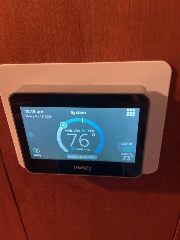 Performed comprehensive cooling maintenance on Lennox HVAC system under CCC renewal agreement. Inspected thermostat operation, verified proper temperature readings and system controls, checked furnace unit and ductwork connections, and documented equipment condition with photos. All components operating within normal parameters; 5x16x25 filter included with service.