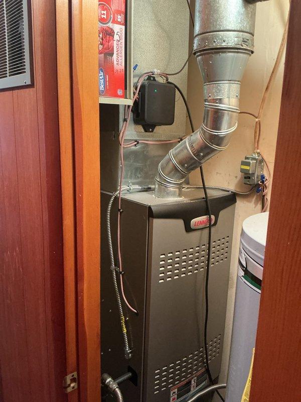 Performed comprehensive cooling maintenance on Lennox HVAC system under CCC renewal agreement. Inspected thermostat operation, verified proper temperature readings and system controls, checked furnace unit and ductwork connections, and documented equipment condition with photos. All components operating within normal parameters; 5x16x25 filter included with service.