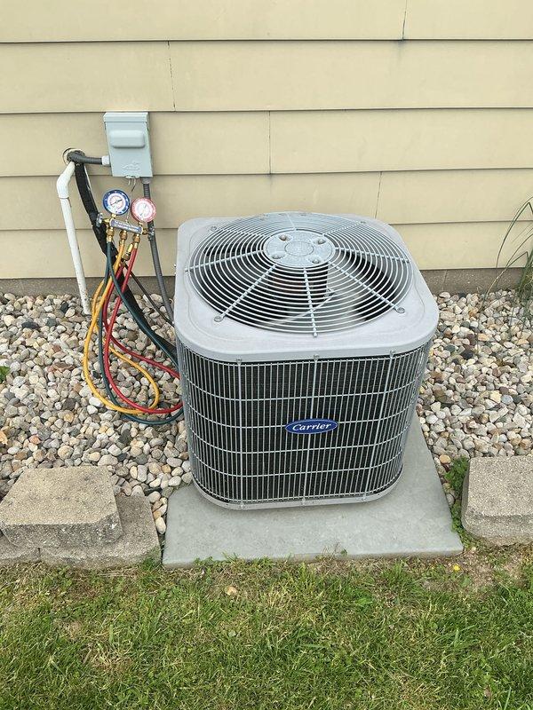 Completed complimentary spring maintenance visit on Carrier air conditioning system as part of recurring service agreement. Performed comprehensive system inspection including visual examination of outdoor condensing unit, electrical components, and capacitor assembly. Connected manifold gauge set to evaluate refrigerant pressures and system performance. Inspected electrical connections, contactor, and wiring harness for proper operation and signs of wear. Verified capacitor condition and all electrical terminals. System found operating within normal parameters with no immediate repairs required. Customer requested AC-only service due to personal scheduling constraints. Note that 20x20x4 filter was not included in this complimentary maintenance visit.