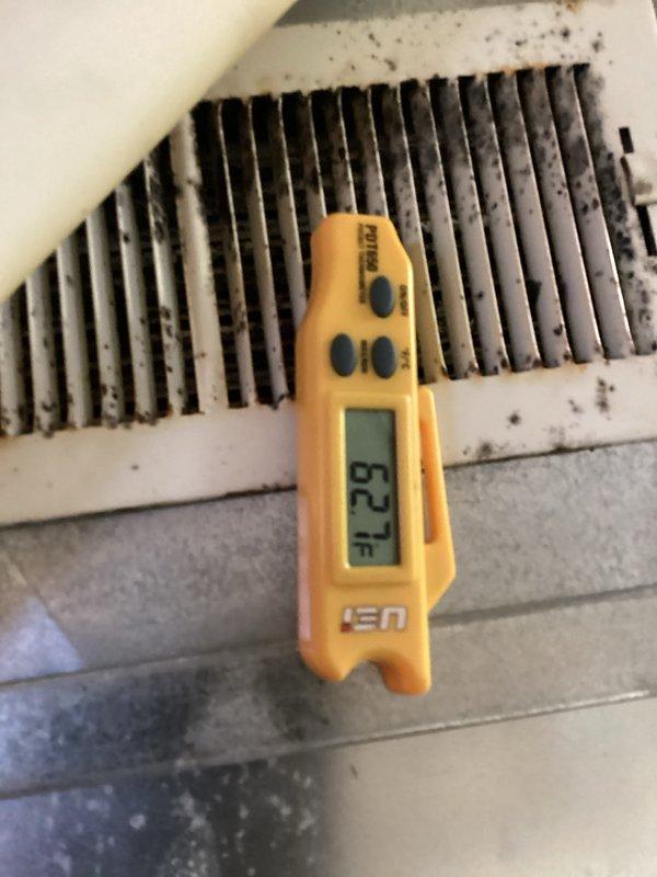 Performed preventive maintenance on cooling system under CCC maintenance agreement. Inspected evaporator coil and verified supply air temperature at 29°F, indicating proper refrigerant charge and system operation. Replaced existing air filter with customer-supplied unit; noted that 20x25x4 filters are not included in maintenance agreement and must be provided by customer. System operating within normal parameters with no issues identified.