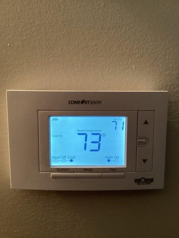Responded to a no-cooling call on a Bryant residential air conditioning system. Upon arrival, found the thermostat displaying 73°F room temperature with system calling for cooling mode. Performed diagnostic inspection of the outdoor condenser unit, which showed normal physical condition with clean coil fins and secure mounting. Conducted electrical testing and operational assessment of the condensing unit to identify the cause of cooling failure and restored system to proper working order.