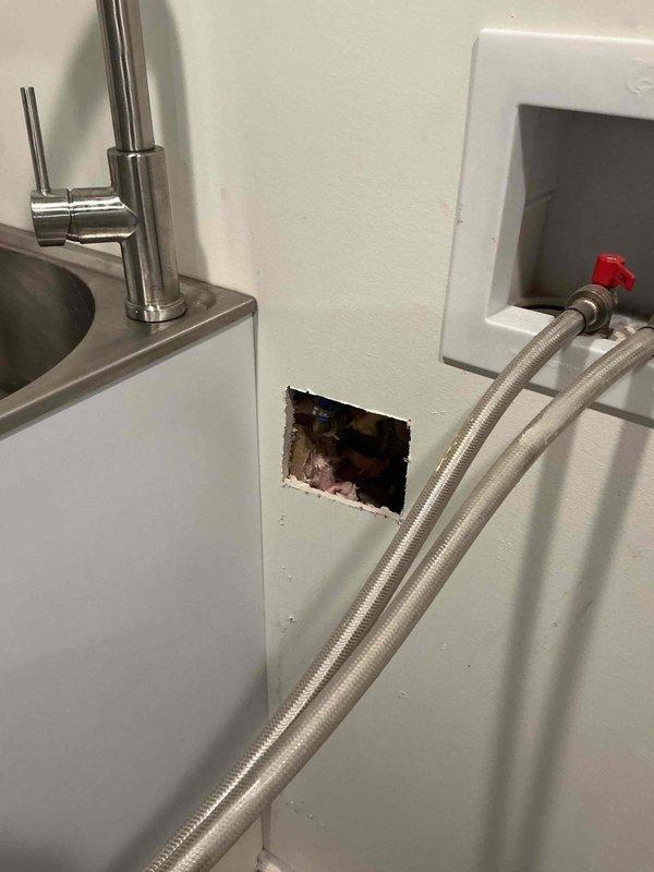 Responded to service call for leaking outdoor water spigots. Upon inspection, identified failed hose bibb requiring replacement. Installed new frost-free sillcock with braided stainless steel supply lines and integrated shut-off valve with red handle for easy operation. Created wall access opening to properly connect supply lines to existing plumbing system. Tested new installation for proper function and verified no leaks present. System operational and ready for use.