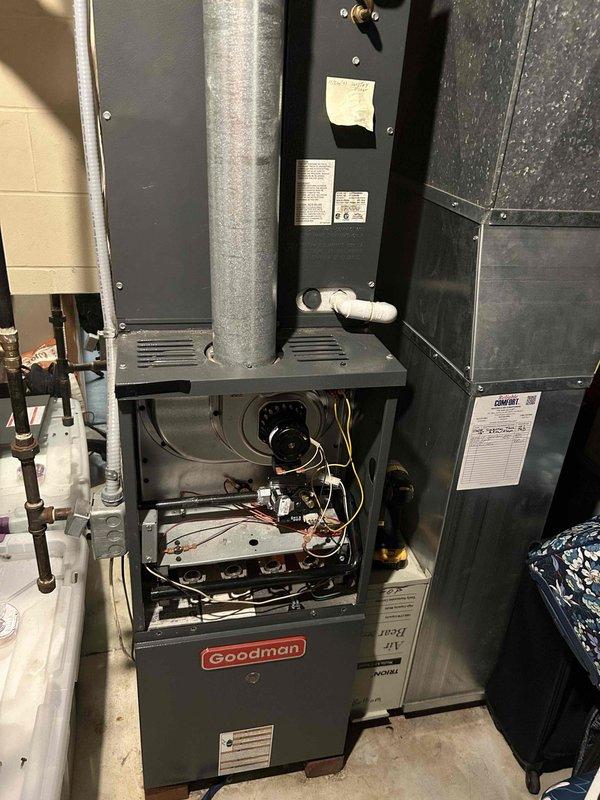 Completed monthly maintenance on Goodman furnace including replacement of 16x25x4 air filter. Inspected internal components, gas valve assembly, blower motor, and electrical connections with all wiring secure and operational. Noted significant dust accumulation on blower wheel assembly that will require cleaning at next service interval to maintain optimal airflow efficiency.