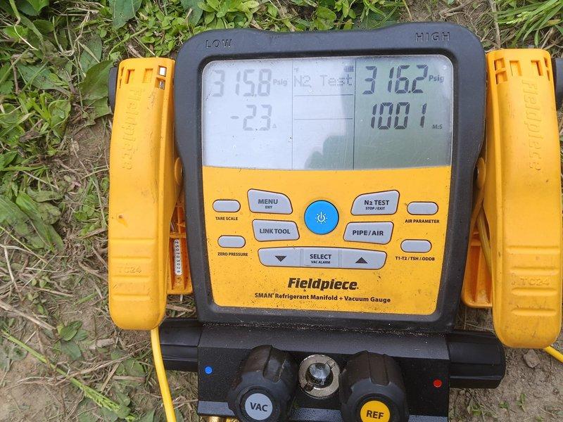 Completed installation of new heat pump system at residential property. Performed vacuum and pressure testing using refrigerant manifold to verify system integrity, achieving proper evacuation levels. Installed outdoor condensing unit on existing concrete pad with proper refrigerant line insulation and electrical connections. Removed and returned defective heat pump unit to shop for warranty processing.