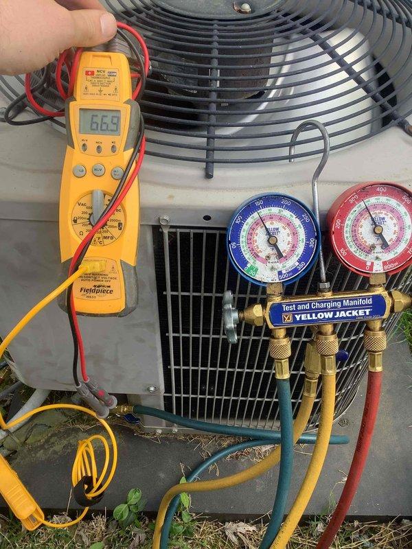 Responded to no cooling complaint on residential air conditioning system. Upon arrival, performed diagnostic testing of outdoor condensing unit using manifold gauge set to measure refrigerant pressures and digital multimeter to check electrical parameters. Inspected indoor evaporator coil assembly, refrigerant lines, and condensate drain system for proper operation and any visible defects.