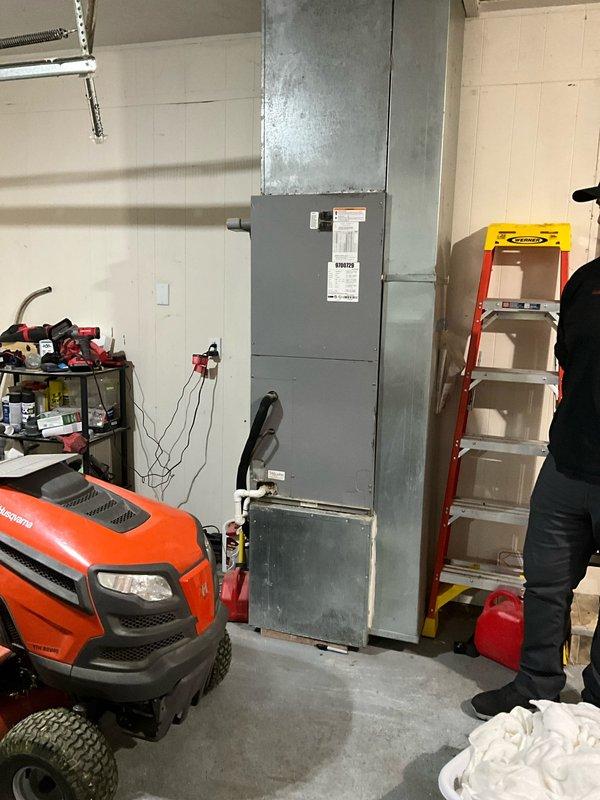 Responded to service call for 2012 Duncane heat pump system with confirmed R410A refrigerant leak at evaporator coil. Performed system evaluation and documented existing equipment configuration including indoor air handler unit and outdoor condenser unit. Provided comprehensive estimate for complete HVAC system replacement due to non-repairable leak in evaporator coil, with customer requesting expedited installation timeline within one week.