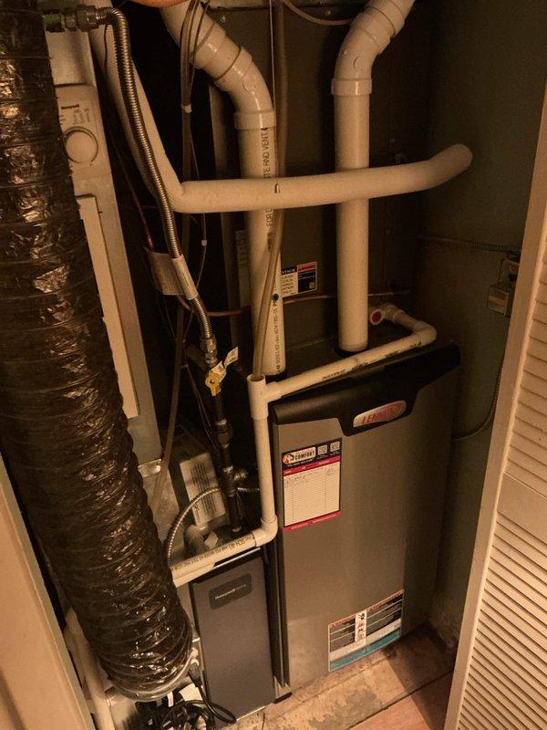 Completed routine cooling maintenance on residential HVAC system consisting of Rheem furnace with air handler located in interior utility closet and Lennox outdoor condensing unit. Performed comprehensive system inspection, replaced 20x25x4 air filter as part of basic maintenance agreement, checked refrigerant lines and electrical connections at both indoor and outdoor units, verified proper drainage through PVC condensate system, and confirmed operational status of all components. System operating within normal parameters upon completion.