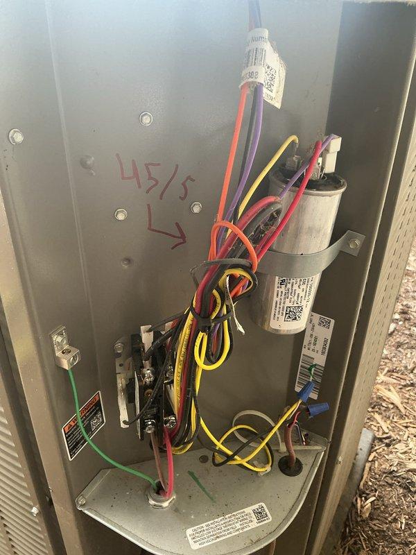 Completed routine preventative maintenance on residential Lennox HVAC system. Performed comprehensive inspection of furnace unit, ductwork plenum, and condensate drainage system. Verified proper operation of air conditioning components including outdoor condenser unit electrical system, capacitor functionality (45/5 MFD), and refrigerant line connections. Inspected copper refrigerant lines and brass fittings for leaks and proper insulation. Checked all electrical connections, wire bundles, and terminal blocks for secure mounting and proper voltage. Cleaned and tested capacitor, verified wiring integrity including ground connections. System operating within normal parameters with no deficiencies noted.