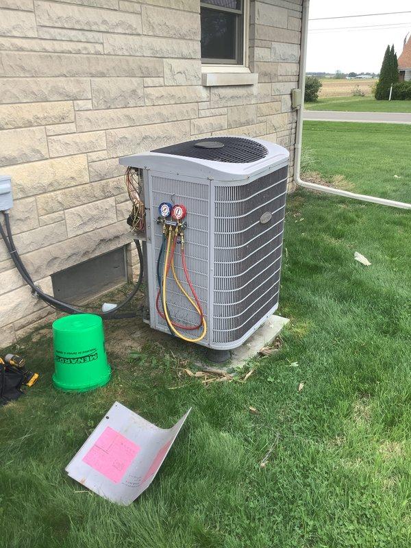 Completed CCC Basic Monthly maintenance on residential cooling system. Performed standard inspection of outdoor condensing unit, connected manifold gauges to service ports to verify refrigerant pressures and system operation, and inspected indoor air handling equipment including water heater in basement utility area. System requires 16x25x4 filter replacement by customer as filters are not included in this service plan.
