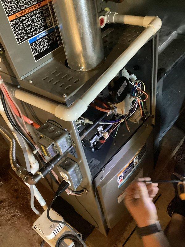 Responded to no airflow complaint at residential property. Upon arrival, inspected furnace unit and thermostat system. Verified thermostat was calling for operation with display showing 76°F setpoint. Performed diagnostic assessment of furnace blower assembly and internal components. Inspected blower motor, wiring harnesses, and electrical connections for proper operation. Checked control board functionality and gas valve assembly. Verified proper installation of condensate drain lines and exhaust venting. Restored system to normal operation with adequate airflow from all supply vents. Unit tested and left in proper working condition.