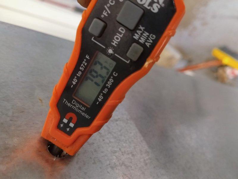 Completed full installation of Lennox heat pump and electric furnace system at residential property. System commissioned and tested operational, with supply air temperature verified at 105°F during heating mode performance check, confirming proper heat strip operation and airflow delivery.