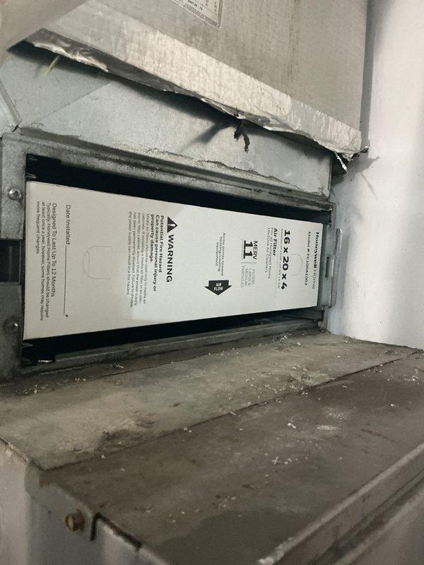 Completed basic monthly cooling maintenance on residential HVAC system. Inspected thermostat operation showing proper temperature control and system cycling, verified furnace/air handler unit condition, and documented equipment status. Customer advised that 16x20x4 filter is not included in service and requires separate provision.