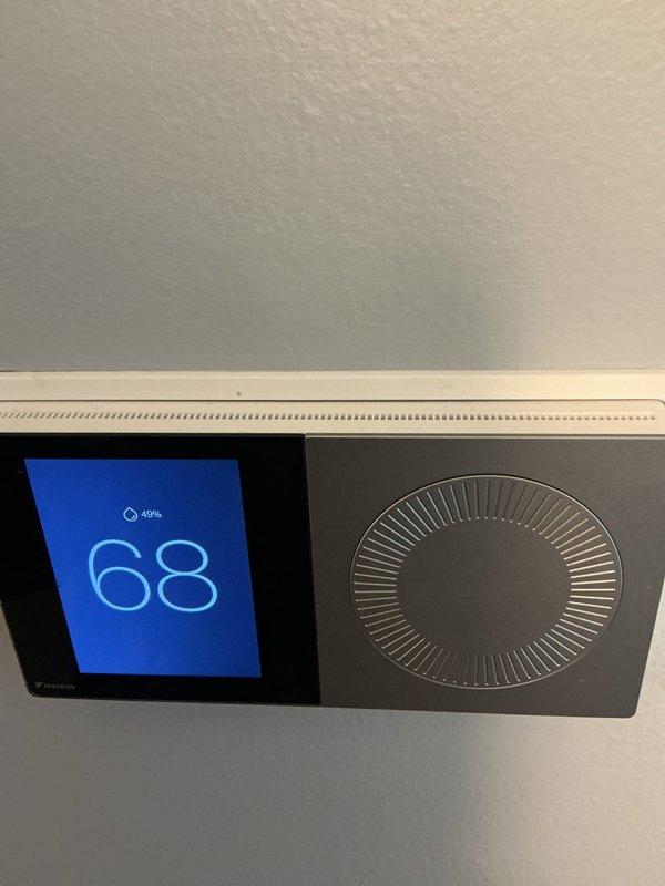 Completed comprehensive cooling maintenance on Daikin HVAC system, performing CCC basic monthly service protocol including system inspection, performance verification, and operational testing. Thermostat confirmed functioning properly with display reading 68°F and 49% humidity level; customer to provide 20x20x4 filter as it was not included in this service.