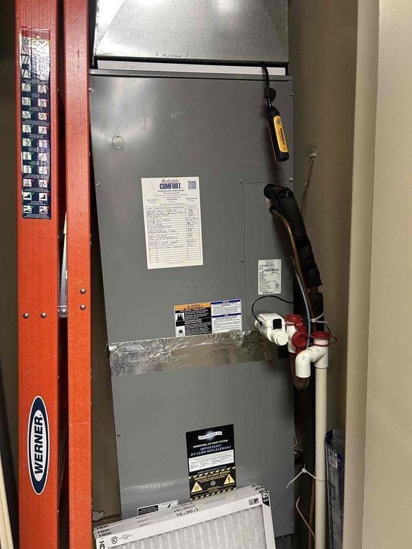 Completed routine HVAC maintenance on residential cooling system including indoor air handler unit and outdoor condenser unit. Inspected air handler cabinet, verified proper operation of all electrical components and controls, and confirmed air filter condition. Performed exterior condenser inspection, checked refrigerant lines and connections, and verified fan operation and coil condition.