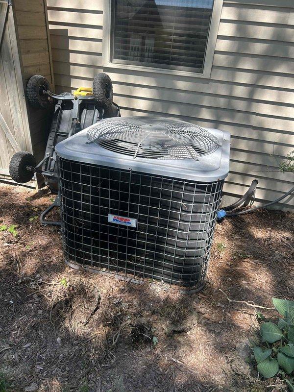 Completed routine HVAC maintenance on residential cooling system including indoor air handler unit and outdoor condenser unit. Inspected air handler cabinet, verified proper operation of all electrical components and controls, and confirmed air filter condition. Performed exterior condenser inspection, checked refrigerant lines and connections, and verified fan operation and coil condition.