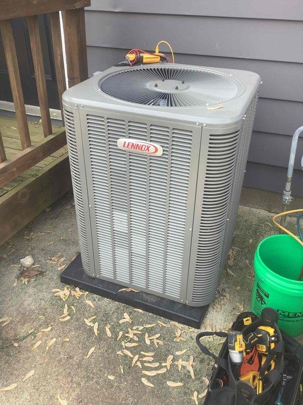 Completed preventive maintenance tune-up on residential Lennox split system HVAC unit. Inspected indoor air handler with refrigerant lines and condensate drain system, verified proper operation and filter condition. Serviced outdoor condensing unit, checked electrical connections, refrigerant lines, and confirmed system performance within manufacturer specifications.