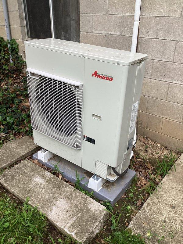 Performed comprehensive cooling maintenance on Amana split-system air conditioning unit. Addressed thermostat touchscreen malfunction by replacing batteries and verifying proper operation. Completed routine maintenance inspection of outdoor condenser unit, checking refrigerant levels, electrical connections, and coil condition. Updated maintenance history documentation and confirmed CCC renewal through 8/29/27. Noted 20x20x4 filter size for customer reference. All systems tested and operating within normal parameters upon completion.