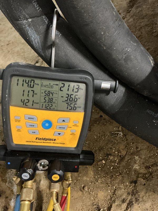 Completed comprehensive cooling maintenance on ClimateMaster geothermal heat pump system. Performed refrigerant system diagnostics using digital manifold gauges to verify proper pressures and temperatures, confirmed system operating within manufacturer specifications, and replaced air filter per maintenance agreement requirements.