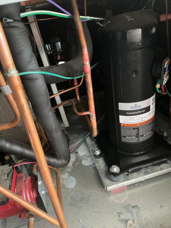 Completed routine HVAC cooling system maintenance on residential unit equipped with Copeland Scroll compressor. Performed comprehensive system inspection including thermostat functionality verification, refrigerant line assessment, electrical connection checks, and compressor operation evaluation. All components found operating within normal parameters with no issues identified; system left in proper working condition.