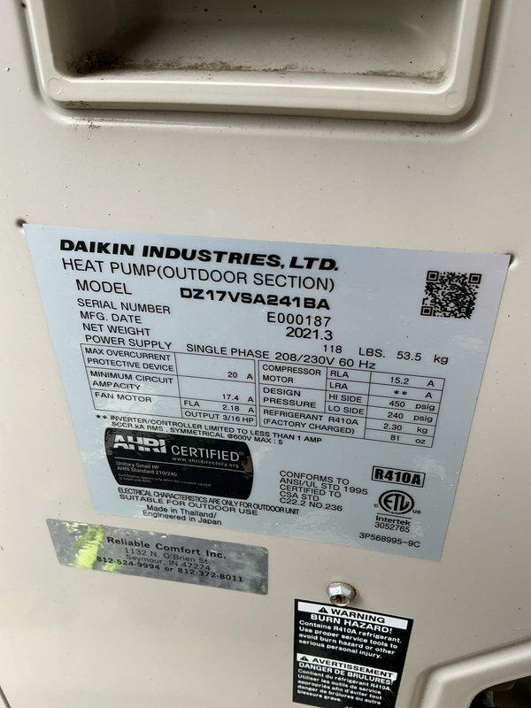 Completed rescheduled cooling maintenance on Daikin heat pump system model DZ17VBA541BA. Performed basic monthly preventive maintenance service per protocol, including system inspection, operational testing, and documentation of unit specifications and conditions. Filter size 20x20x4 not included with this service visit.