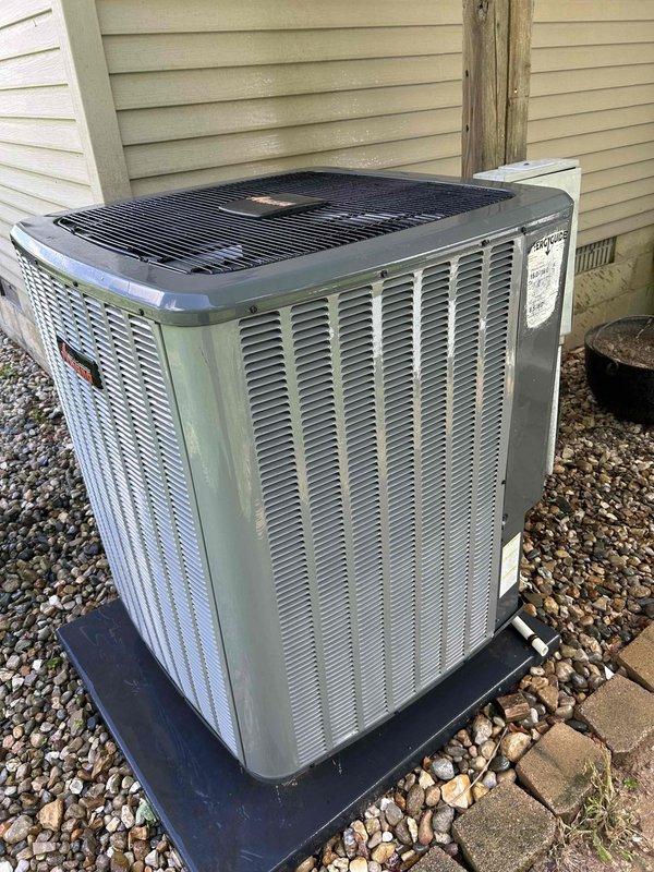 Completed basic monthly cooling maintenance on residential CCHP system. Performed standard inspection of outdoor condenser unit, verified proper operation and airflow through coil louvers, and confirmed thermostat functionality with Honeywell ProSeries digital control set to cooling mode. System operating within normal parameters at time of service.