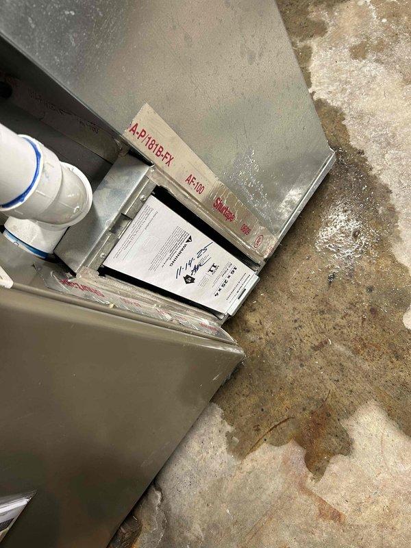 Completed basic monthly cooling maintenance on Carrier split system. Inspected outdoor condenser unit, verified fan operation and coil condition. Inspected indoor air handler unit in utility space, noted evidence of moisture accumulation on equipment surfaces and surrounding concrete floor indicating potential condensate drainage concerns that will require monitoring.