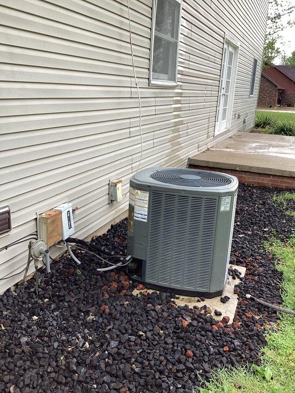 Completed basic monthly cooling system maintenance on residential AC unit. Performed standard inspection of outdoor condenser unit, verified electrical connections and components including Turbo200 universal motor-run capacitor with CPT change indicator present. Documented system operational status and noted filter information requires verification for future service records.