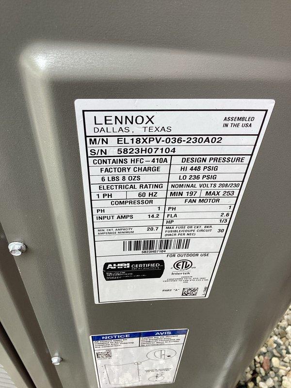 Completed comprehensive cooling maintenance on Lennox EL18XPV-036-230A02 outdoor condensing unit containing R-410A refrigerant. Performed standard preventive maintenance inspection, verified system operation, and documented equipment specifications. Customer was informed that 20x20x4 filter replacement is not included in maintenance agreement; noted BestAir household dust filter currently installed in system.