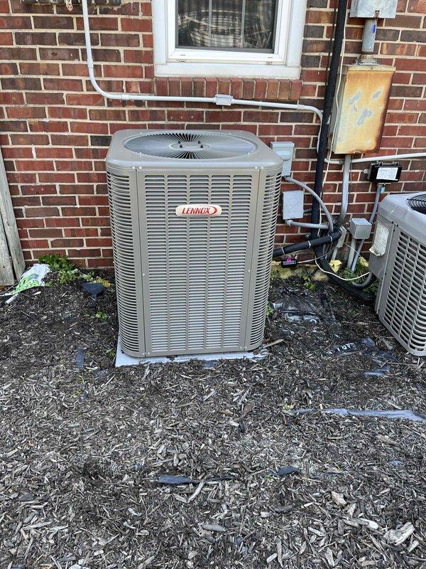 Completed warranty service on Lennox outdoor condensing unit installed at residential property. Performed thorough inspection of the unit, refrigerant lines, electrical connections, and mounting pad to verify proper installation and operation under warranty terms. Unit confirmed to be functioning within manufacturer specifications with all components properly secured and operational.
