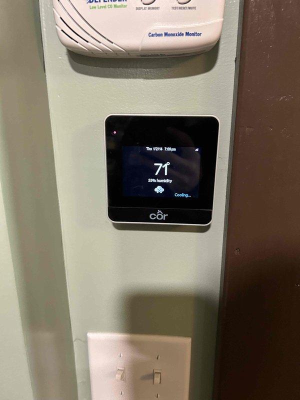 Responded to service call regarding heating system performance concerns. Upon inspection, found significant dust and debris accumulation on blower wheel assembly affecting airflow efficiency. Cleaned blower wheel and housing, verified proper operation of centrifugal fan assembly, and confirmed thermostat displaying accurate temperature readings with system cycling properly in cooling mode at time of service.