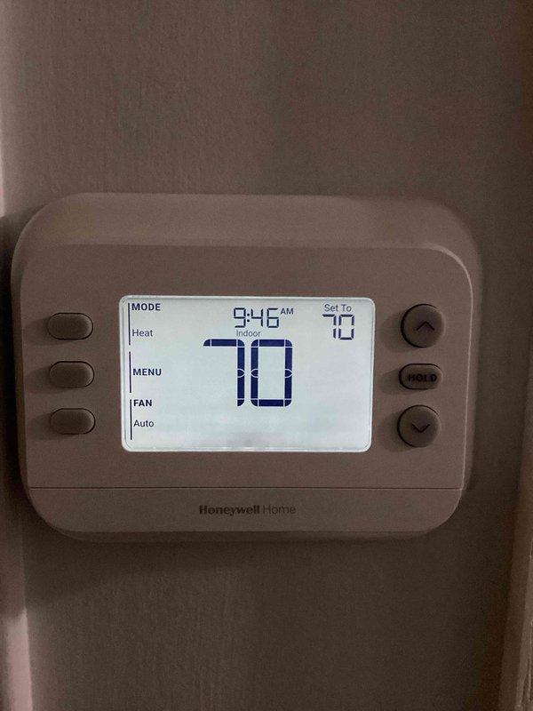 Completed comprehensive cooling care (CCC) basic monthly maintenance on HVAC system. Performed standard system inspection and verified thermostat operation showing proper temperature control at 70°F with heat mode functionality confirmed. Filter size noted as 16x25x4, not included in service scope per maintenance agreement parameters.