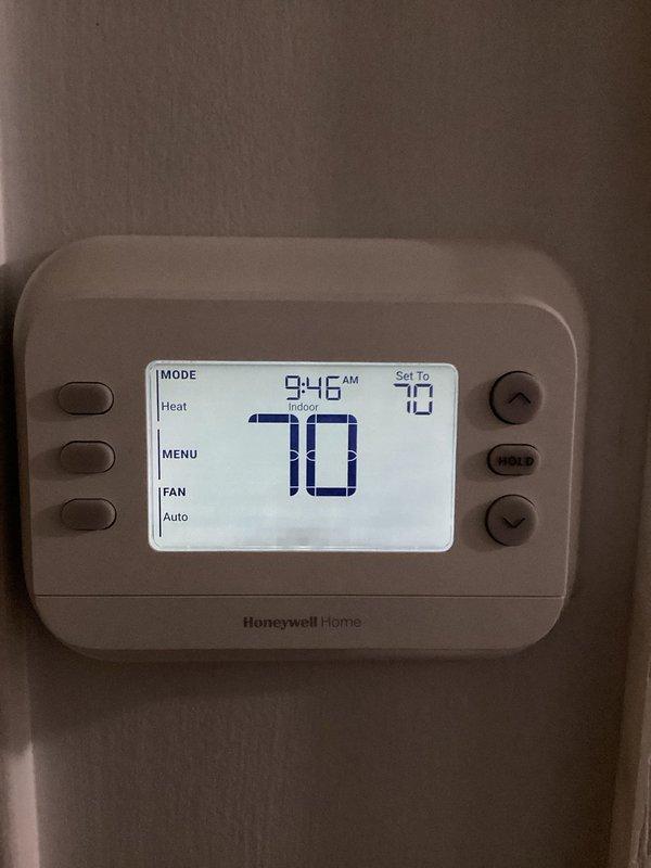Completed comprehensive cooling care (CCC) basic monthly maintenance on HVAC system. Performed standard system inspection and verified thermostat operation showing proper temperature control at 70°F with heat mode functionality confirmed. Filter size noted as 16x25x4, not included in service scope per maintenance agreement parameters.