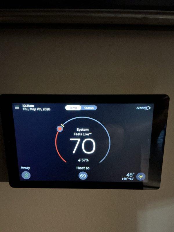 Completed comprehensive cooling maintenance on Lennox HVAC system including CCHP protocol inspection. Verified thermostat operation showing proper temperature control at 70°F with system status displaying correctly, confirmed outdoor unit functionality with all mechanical components operating within normal parameters, and installed new 20x25x4 air filter. System renewed through 7/16/26 with all equipment tested and confirmed in good working condition.