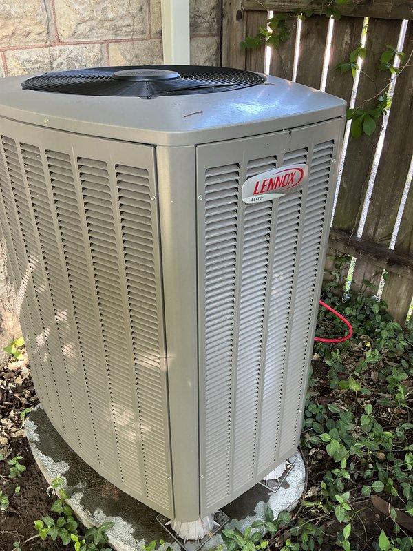 Completed comprehensive cooling maintenance on Lennox HVAC system including CCHP protocol inspection. Verified thermostat operation showing proper temperature control at 70°F with system status displaying correctly, confirmed outdoor unit functionality with all mechanical components operating within normal parameters, and installed new 20x25x4 air filter. System renewed through 7/16/26 with all equipment tested and confirmed in good working condition.