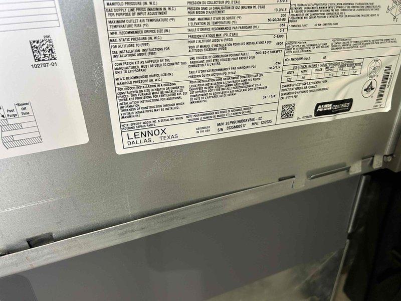 Responded to follow-up service call for Lennox HVAC system requiring technical support consultation. Inspected furnace unit and documented equipment specifications from manufacturer data plate, photographed electronic control board in attic space showing proper wire connections to terminal blocks, and verified system components prior to contacting technical support for troubleshooting guidance as noted by previous technician.