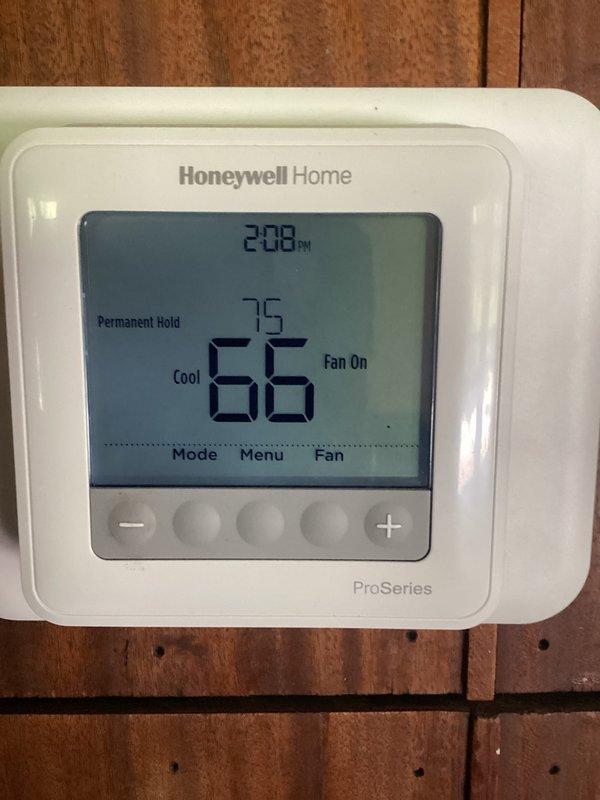 Completed routine HVAC maintenance including CCC (clean, check, calibrate) procedures on cooling system. Verified thermostat operation showing system in cooling mode with proper temperature control and fan function. Replaced 16x20x1 air filter per basic monthly maintenance agreement specifications.