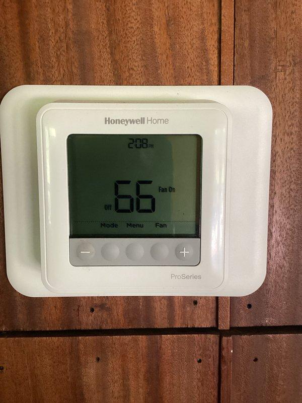 Completed routine HVAC maintenance including CCC (clean, check, calibrate) procedures on cooling system. Verified thermostat operation showing system in cooling mode with proper temperature control and fan function. Replaced 16x20x1 air filter per basic monthly maintenance agreement specifications.