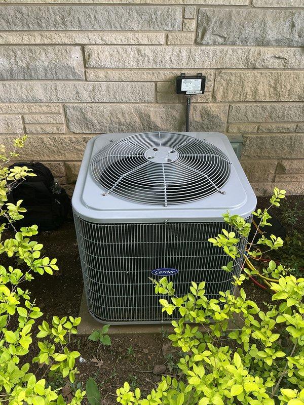Completed comprehensive cooling maintenance on Carrier outdoor condensing unit. Performed CCC basic monthly service protocol including system inspection, cleaning, and performance verification. Thermostat operating properly at 71°F in cooling mode with indoor humidity reading at 42%. Customer requires 20x25x4 filter which was not included in this service visit.