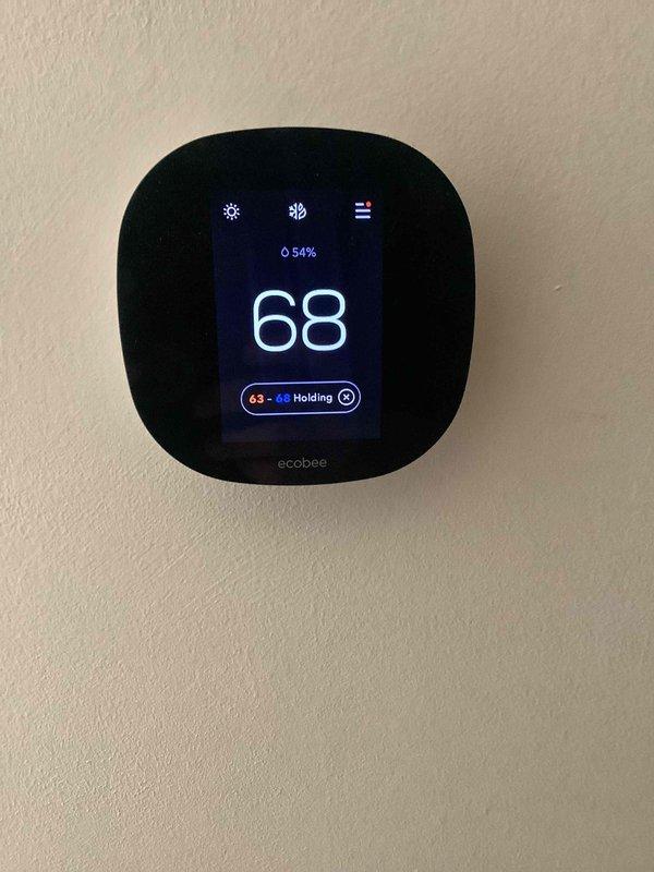 Completed basic monthly maintenance on York HVAC system including standard cooling season inspection. Replaced 16x25x1 air filter, verified ecobee smart thermostat operation showing 68°F setpoint with proper cooling cycle engagement, and inspected furnace unit with associated ductwork and PVC condensate drainage system for proper operation.