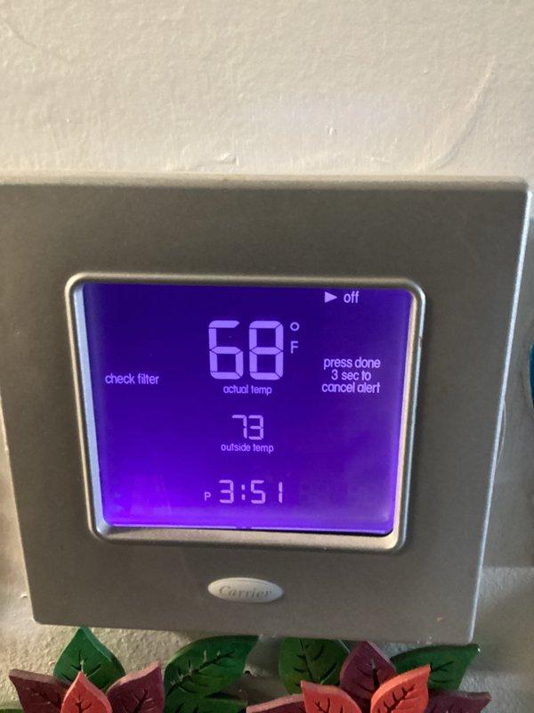 Responded to service call for metal flexing noise coming from furnace that has been occurring for approximately two weeks. Performed diagnostic inspection of heating system and confirmed unit is operating within normal parameters. Completed basic monthly maintenance service and documented that 16x25x4 filter is not included in current service plan. Noted filter change alert displayed on Carrier thermostat and scheduled return visit to install filter box for 16x25x4 filter on next maintenance appointment.